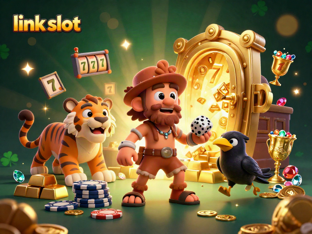 Experience the thrill of winning with link slot at a prehistoric casino in this vibrant 3D illustration.