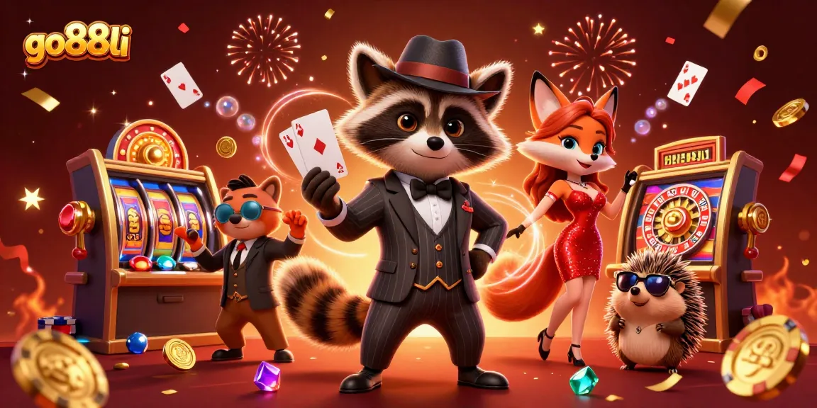 Engage in thrilling gameplay at go88li with a raccoon and fox in a vibrant casino scene.