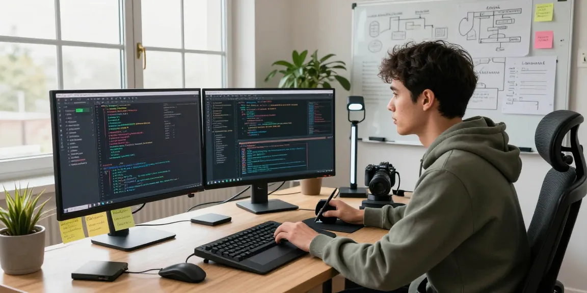 Developer in a modern workspace focusing on coding in WPS Official Website tools with high-tech setup.