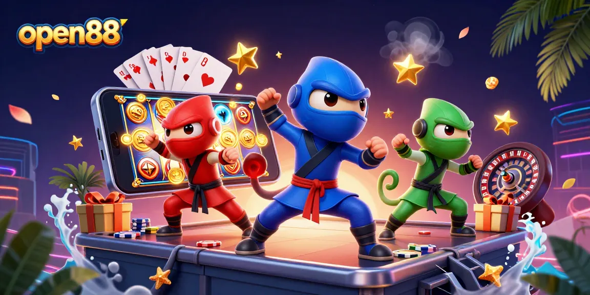 Experience the excitement of open88 with ninja chameleons battling amidst slot games and casino elements.