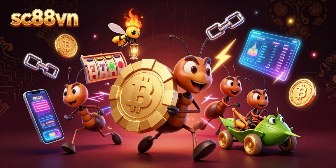 Ants perform a heist in sc88vn casino, showcasing golden poker chips and vibrant slot elements.