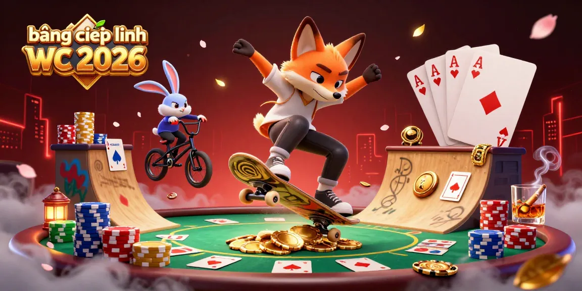bảng xếp hạng wc 2026 showcases a skateboarder fox and BMX rabbit amidst a lively casino scene.
