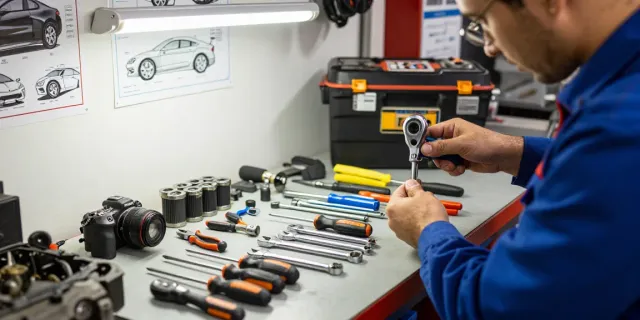 Tecnico che utilizza un set di chiavi ks tools per lavorare su un motore, attrezzi professionali ben organizzati sul banco di lavoro.