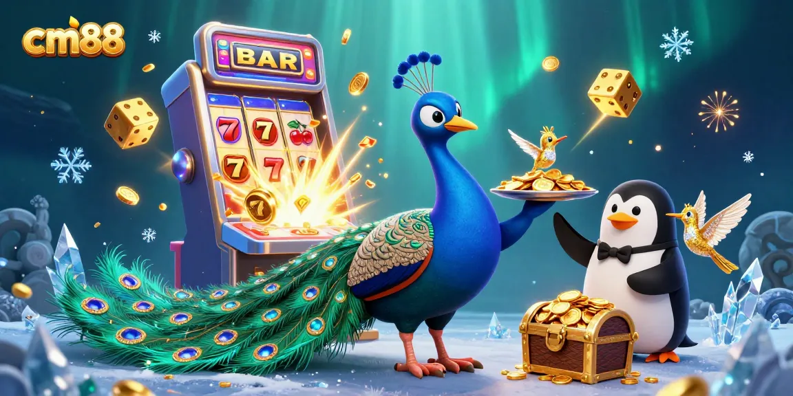 Experience exciting games at cm88 with a vibrant scene of a peacock, a butler penguin, and a hummingbird.