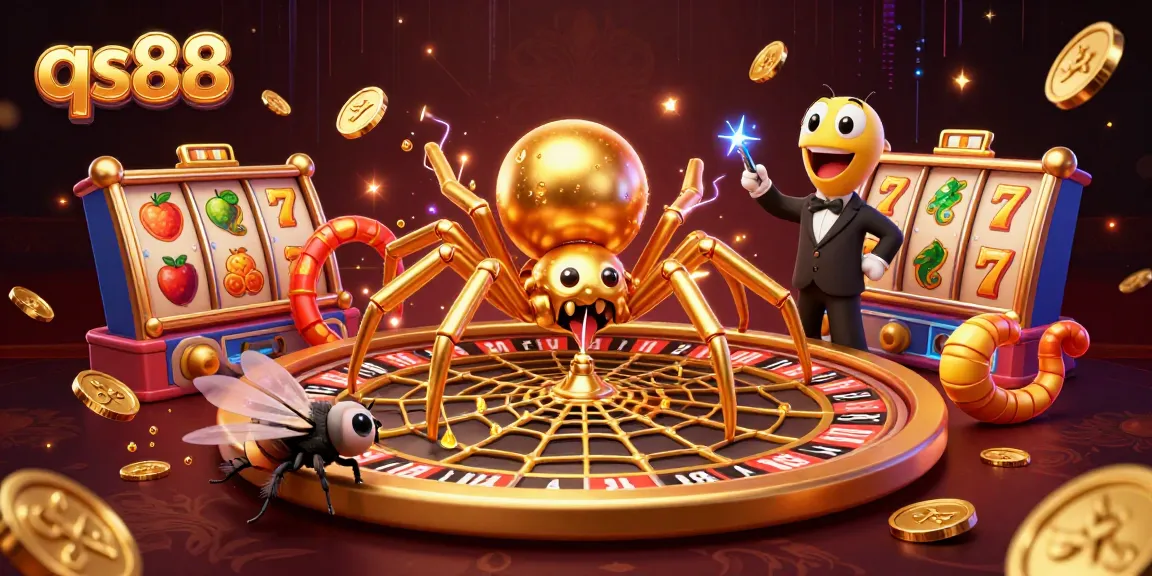 Engage with qs88 as a golden spider spins a roulette web while placing bets in a vibrant casino.
