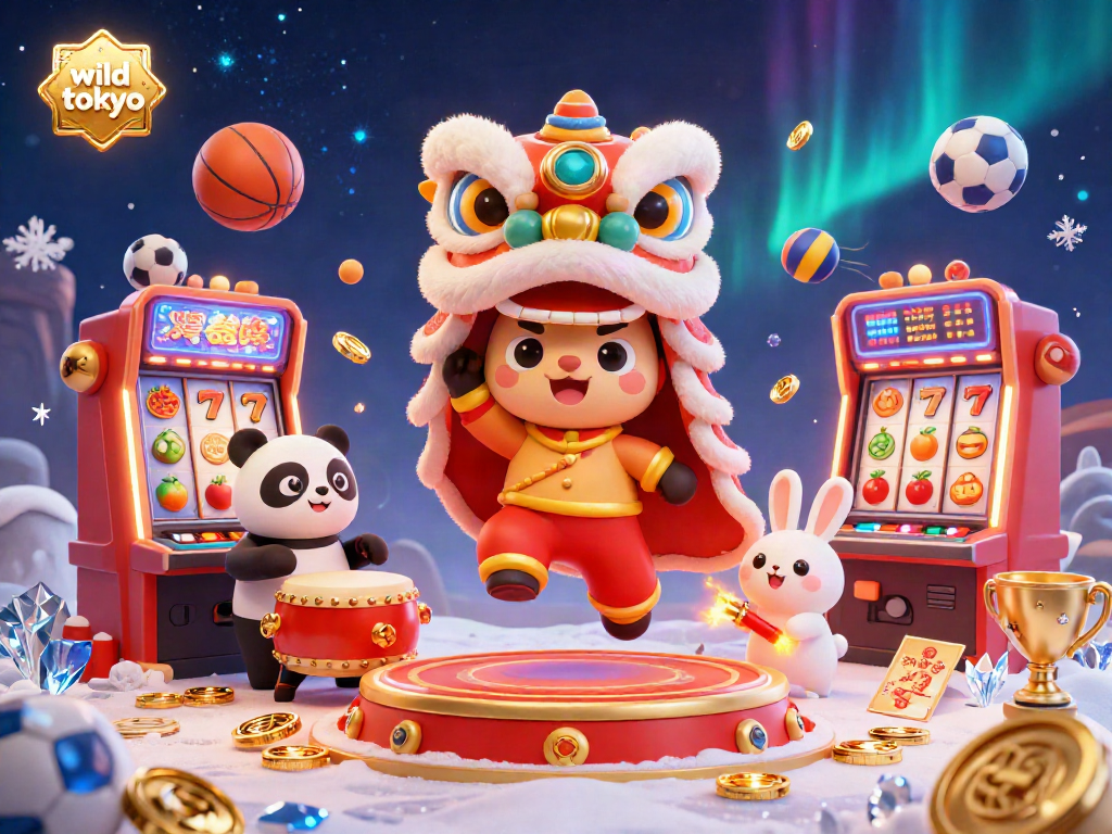 Experience the vibrant wild tokyo online casino with a dynamic lion dance and exciting gaming action.
