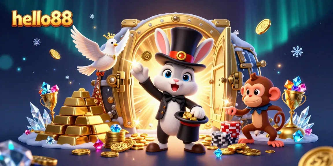 Engage with the enchanting scene at hello88 as a magician rabbit conjures coins amidst casino riches, creating a magical gambling atmosphere.