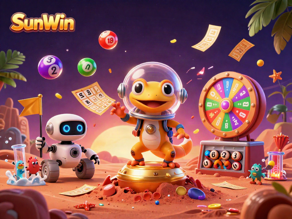 SunWin casino showcases a Martian gecko discovering a buried golden casino, filled with vibrant gaming elements.