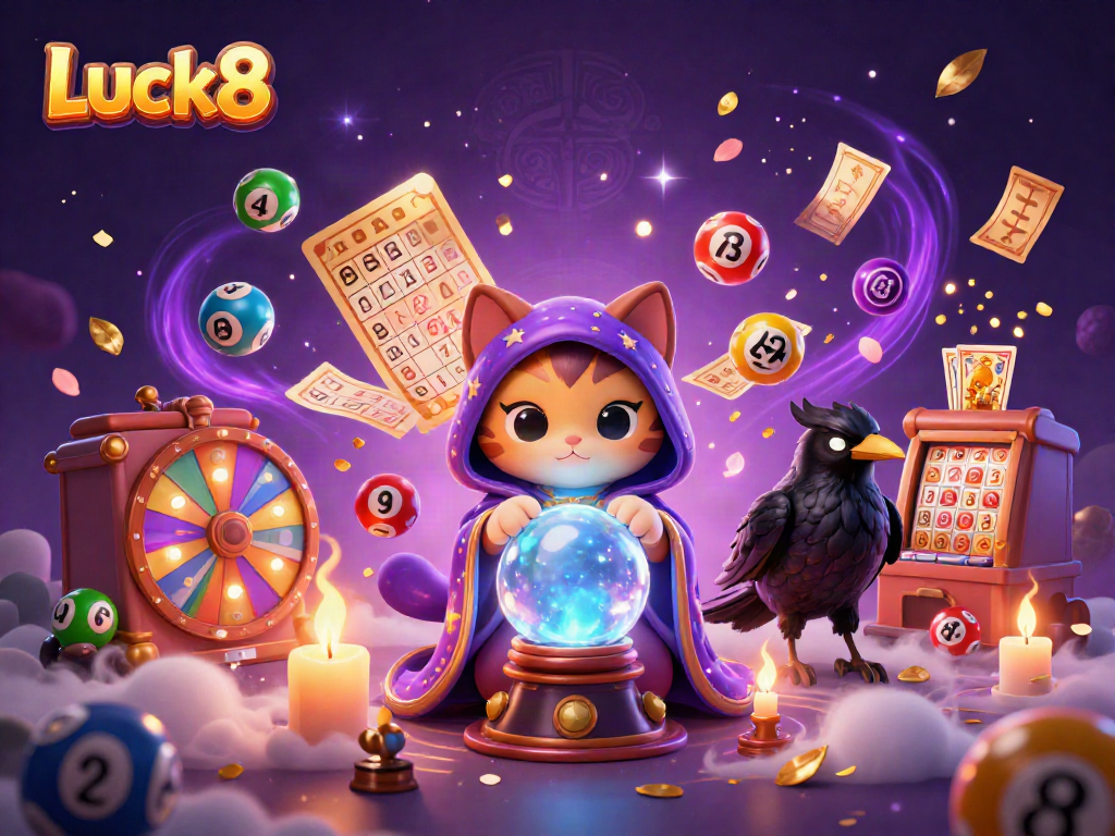 Engaging 3D illustration showcasing Luck8 with whimsical fortune teller cat, tarot raven, and lottery elements.