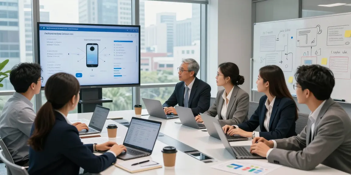 Collaboration on corporate mobile plans UK in a bright office setting with diverse professionals.