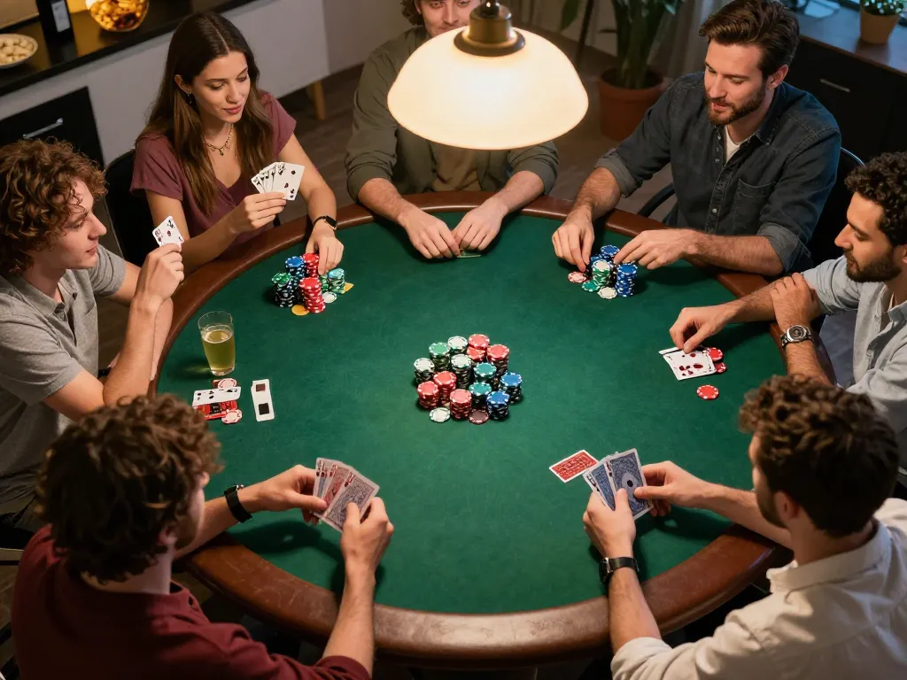Engaged players enjoying xocdiaonline in a lively home poker night with chips and cards.