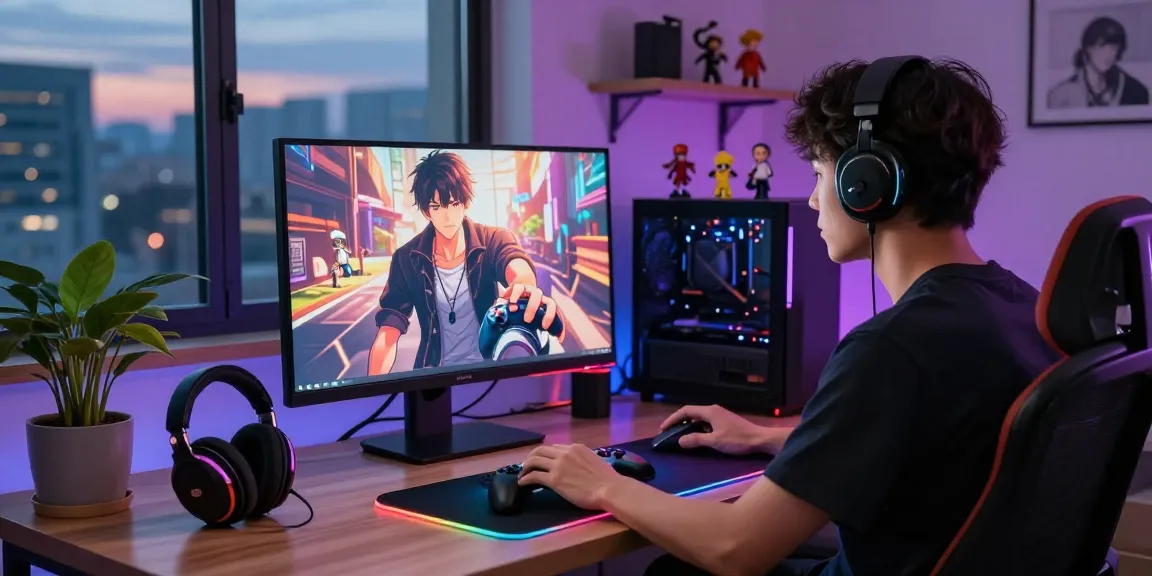 Engaged gamer playing a hentai game in a stylish home office.