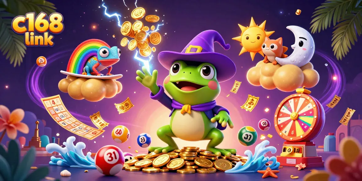 Engage with the exciting c168 link, showcasing a 3D wizard frog amid a bustling casino theme filled with vibrant elements.