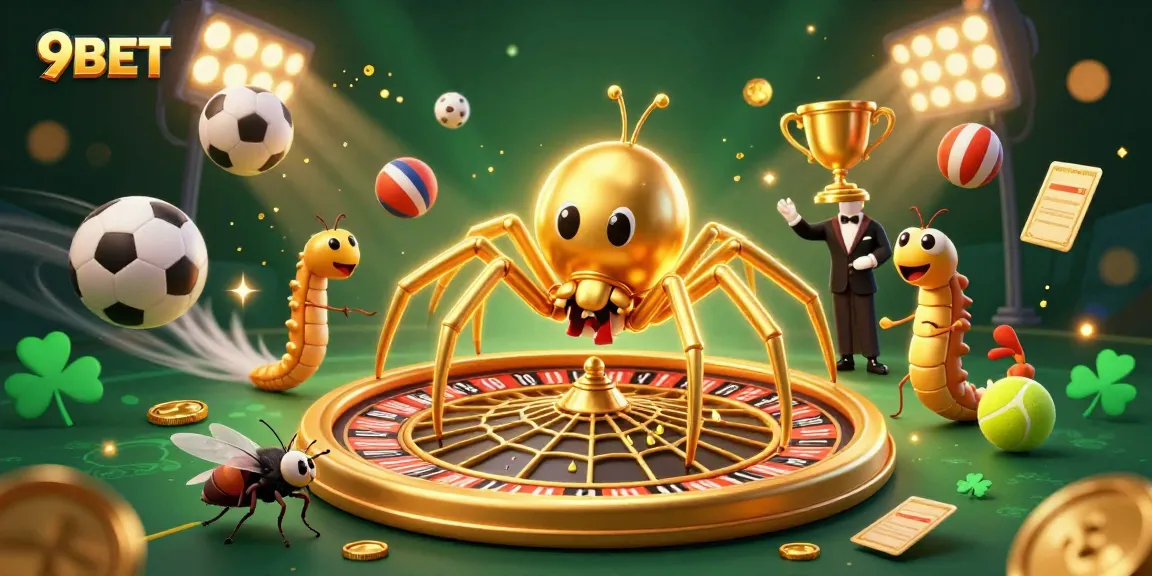 Experience thrilling bets at 9BET with a dynamic, vibrant casino scene featuring a roulette web spun by a golden spider.