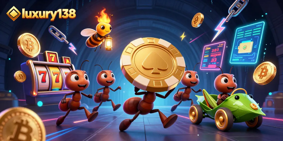 Experience exciting gameplay at luxury138 with ants stealing a massive poker chip in a casino-themed scene.