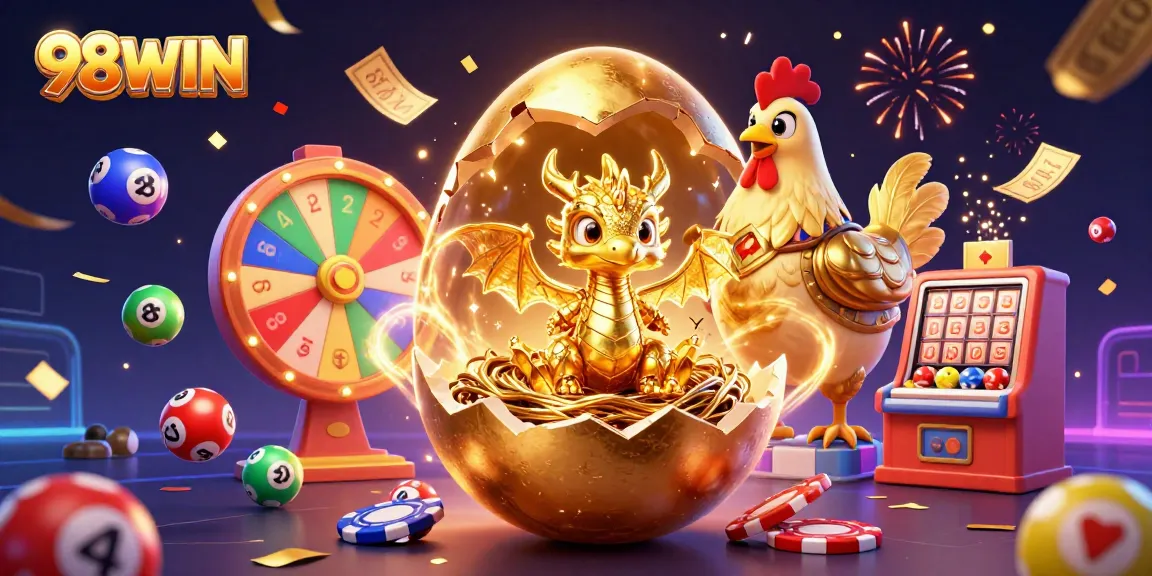 Win big with 98WIN as a golden dragon emerges from a nest of poker chips amidst dynamic lottery elements.