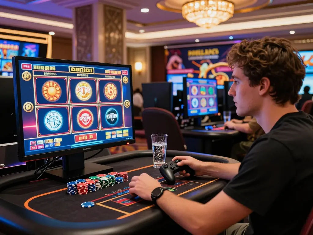 Engaging MM88 online casino gaming experience with player surrounded by vibrant graphics and ambiance.