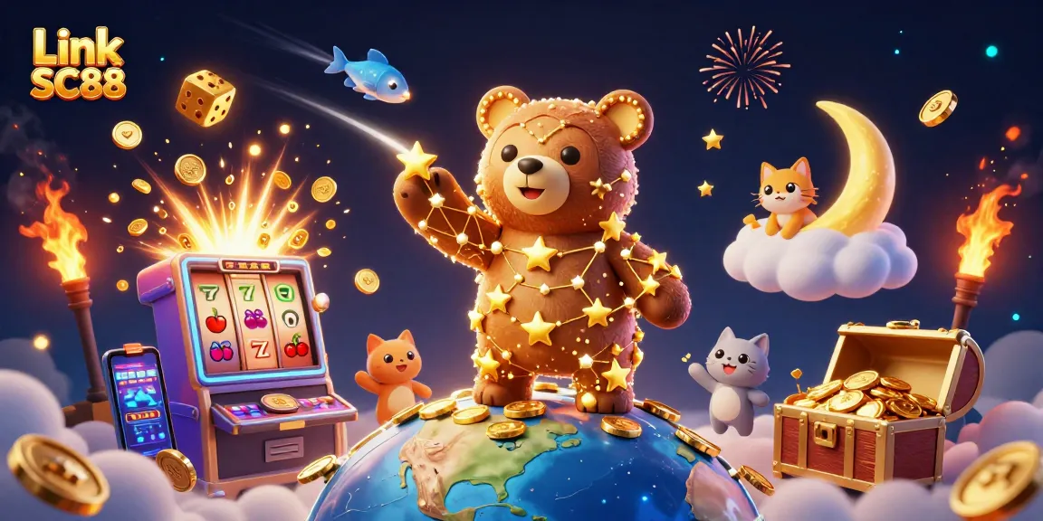 Engage with Link SC88's vivid casino adventure featuring a constellation bear and thrilling slot machine.