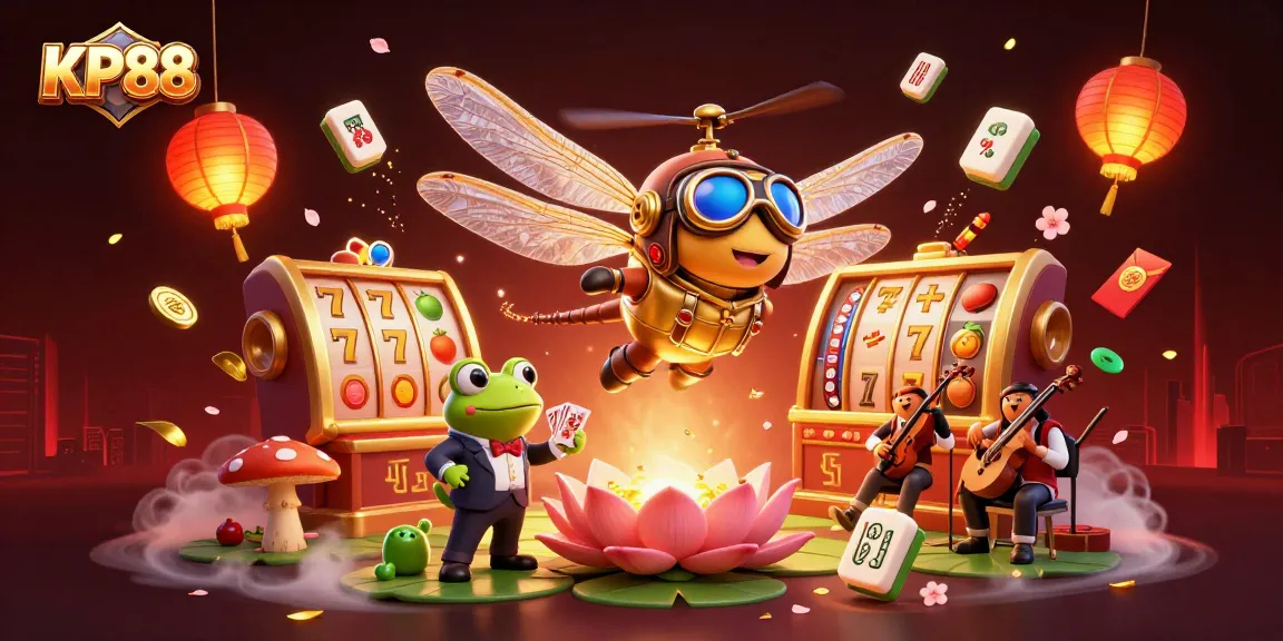 Experience thrilling gaming at KP88 with a lively dragonfly pilot, frog dealer, and vibrant casino elements.