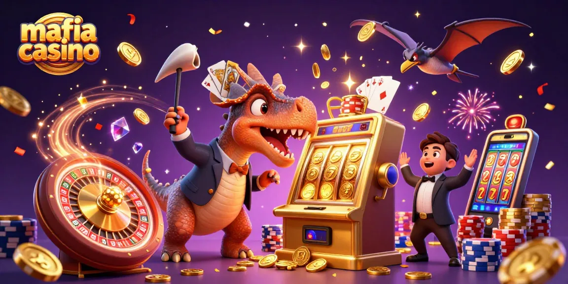 Mafia casino excitement with dinosaurs celebrating a jackpot win at a colorful slot machine