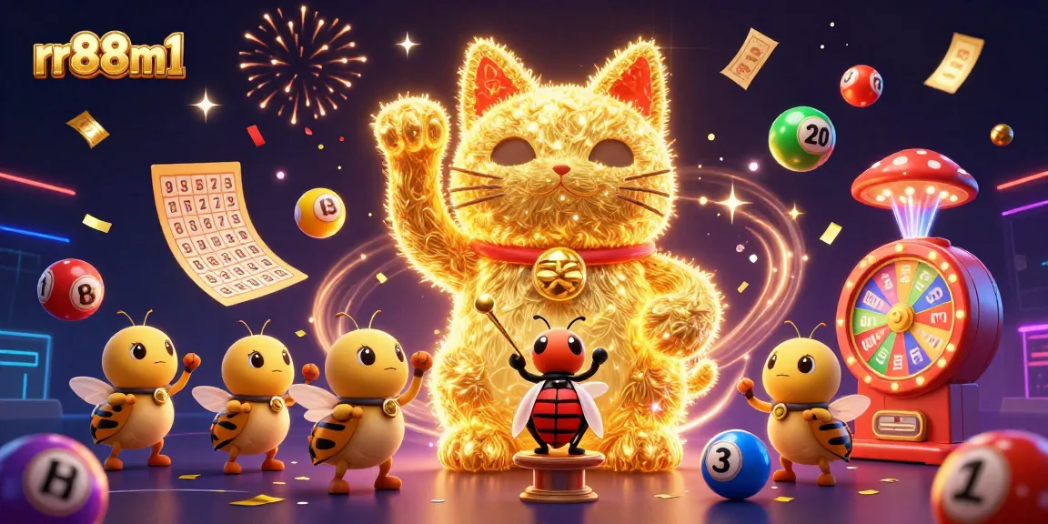 Experience thrilling luck with rr88m1's vibrant casino-themed illustration featuring a lucky cat and dynamic elements.