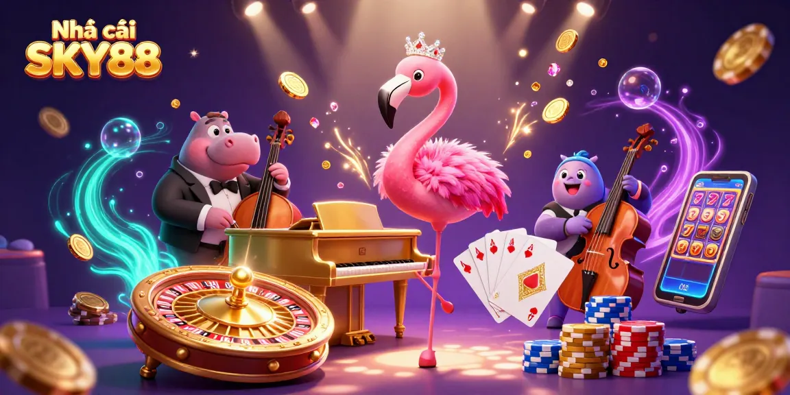 Engage with Nhà cái SKY88's vibrant casino scene featuring lively characters and gaming elements.