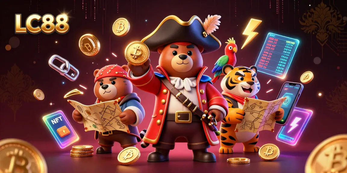 Bet on LC88 with a vibrant scene featuring a pirate captain bear and treasures in a luxury casino