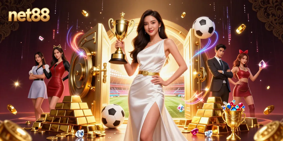 Win big at net88 with a glamorous victory scene featuring a confident Asian woman and sports betting elements in a dynamic setting.