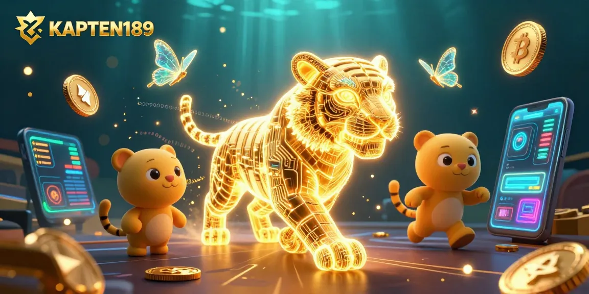 KAPTEN189 menampilkan harimau energi cahaya di kasino digital dengan koin Bitcoin dan Ethereum yang bersinar.
