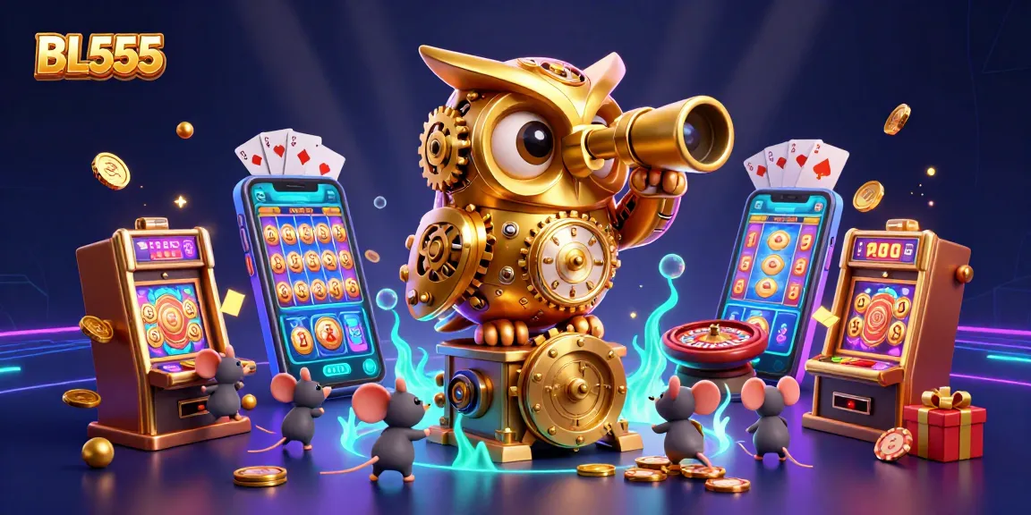 Experience thrilling games at BL555, featuring a vibrant casino scene with whimsical characters and slot machines.