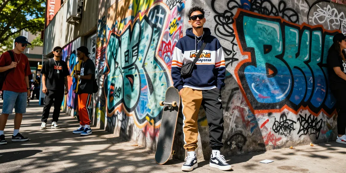 Felpa Trapstar shooters elegante mostrata su un influencer urbano in una vivace scena di moda street.