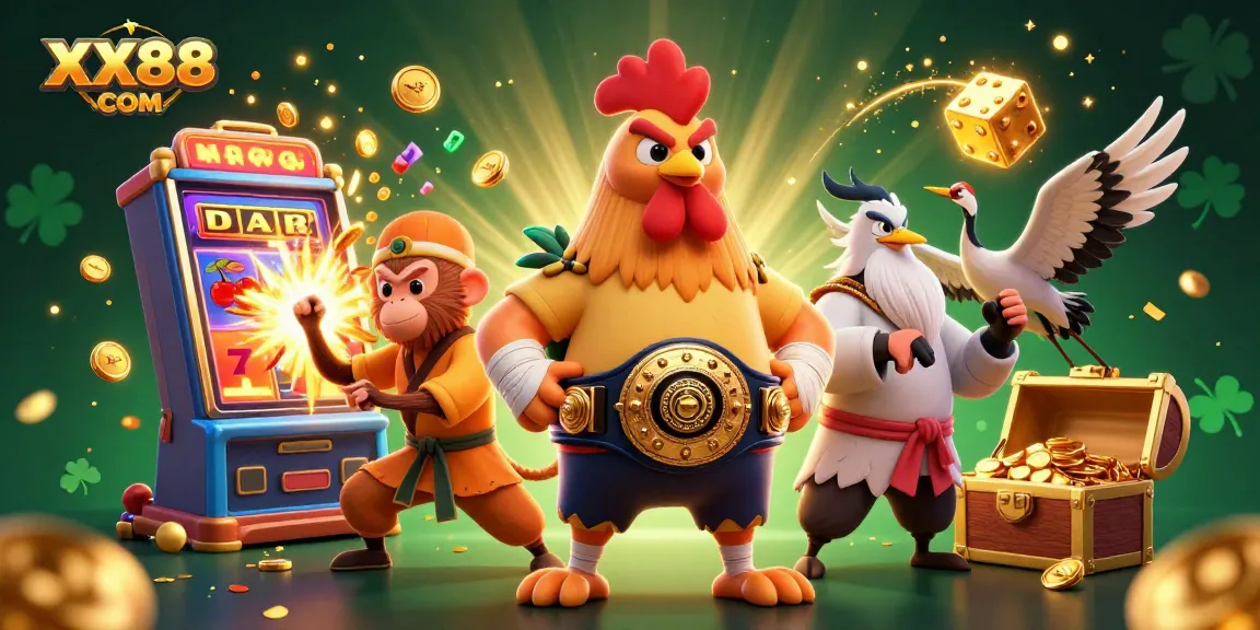 Winning on XX88 COM with fierce gaming characters, dynamic casino elements, and vibrant visuals.