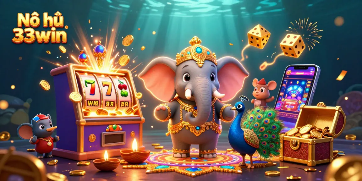 Nổ hũ 33win jackpot image showcasing a vibrant casino scene with slots, coins, and colorful elements.