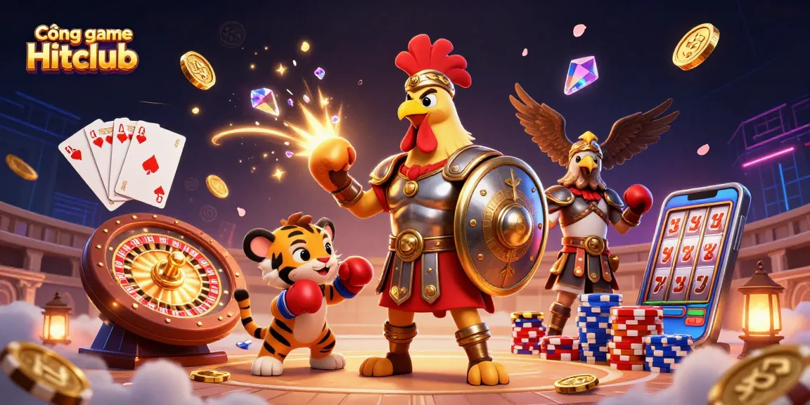 Engage with the Cổng game Hitclub, where a colorful rooster battles alongside a cub in a dynamic casino arena.