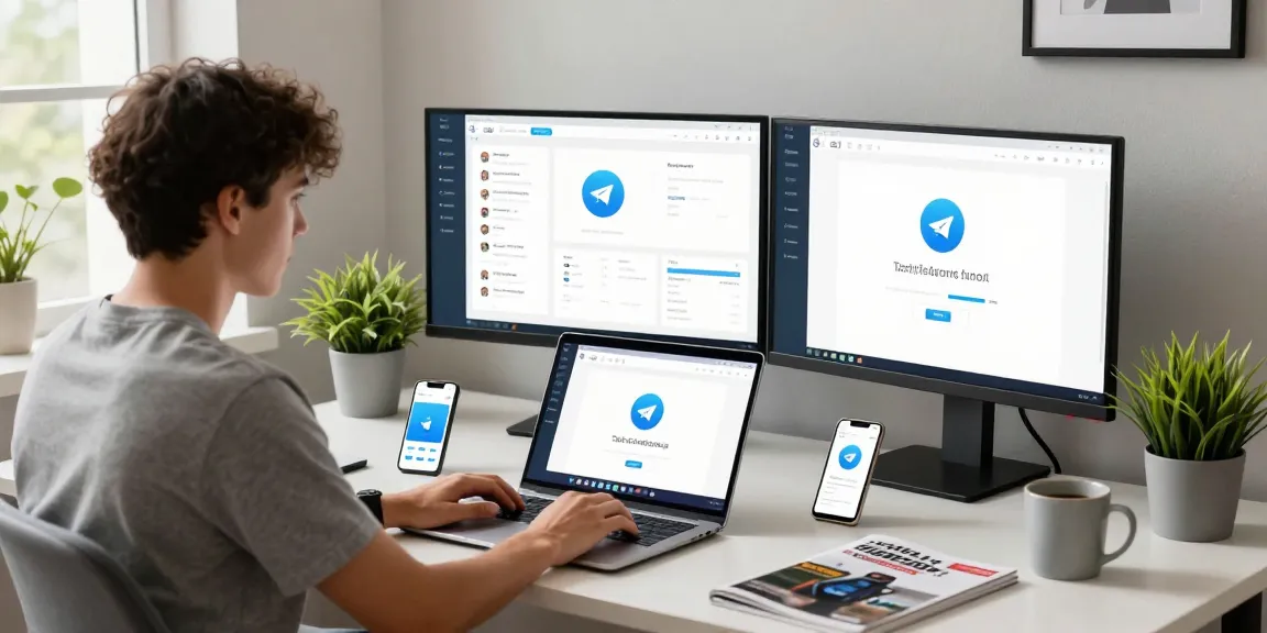 Download Telegram app interface showcased in a stylish modern workspace with vibrant decor.
