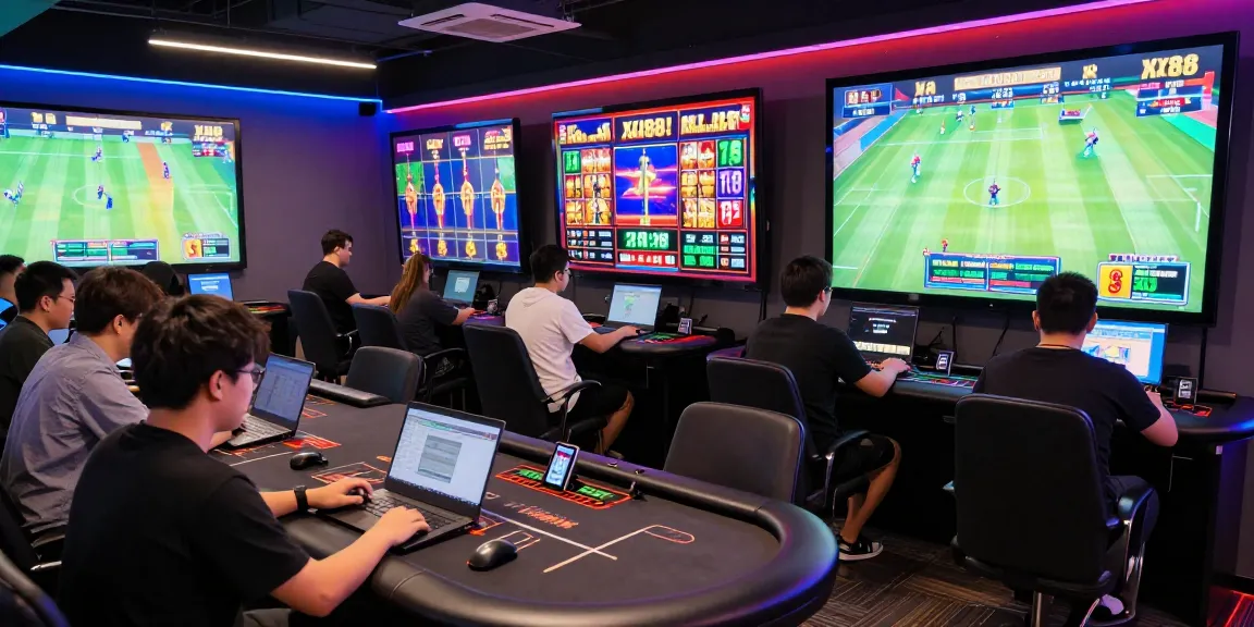 Dynamic online gaming scene at XX88 showing diverse players engaged with live games and promotions in a vibrant lounge atmosphere.