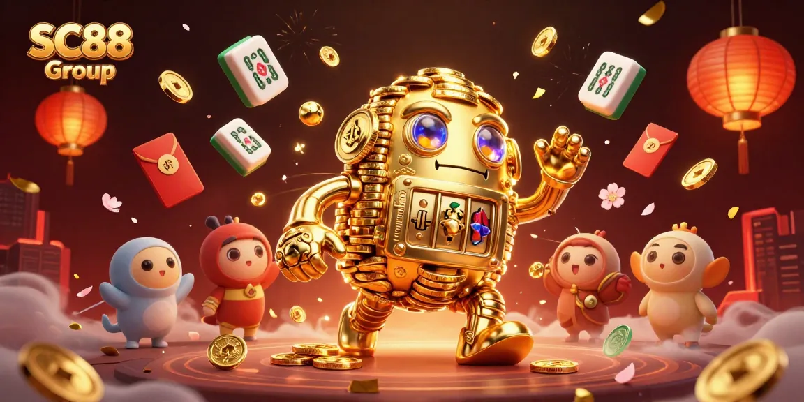 Engage with SC88 Group's golden golem amidst dynamic casino elements, celebrating the excitement of gaming.