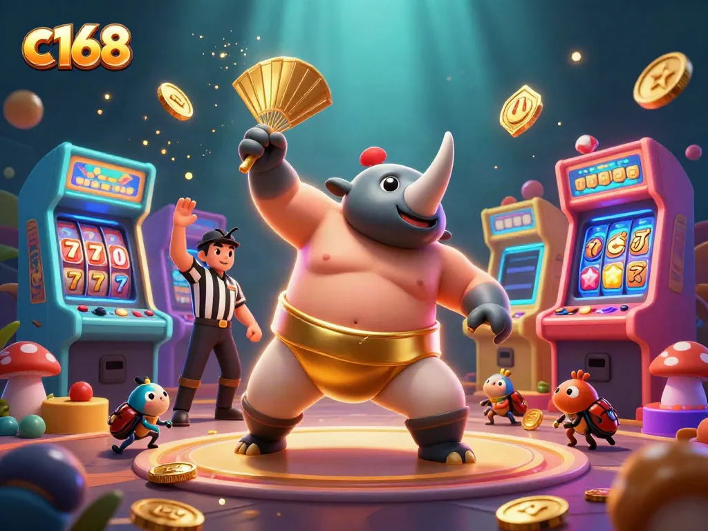 Experience c168 with a victorious beetle champion surrounded by vibrant casino games and golden coins
