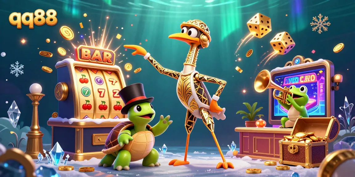 Experience the thrill of qq88 with a vibrant 3D casino illustration filled with lively characters and exciting gaming elements.