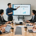 Collaborative team discussing how to get a merchant cash advance in a modern office.