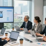 Collaboration on corporate mobile plans UK in a bright office setting with diverse professionals.